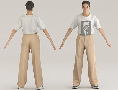 Two Women Wearing White T-Shirt With Print Beige Wide Leg Pants And Sneakers 3d model