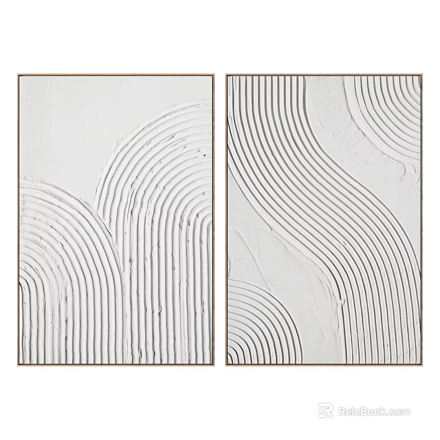 Two Panel Abstract Painting With White Background And Curved Textured Lines 3d model 