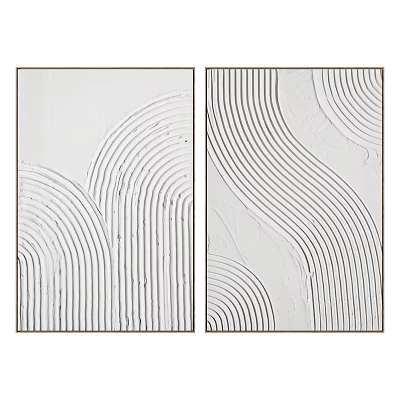 Two Panel Abstract Painting With White Background And Curved Textured Lines 3d model