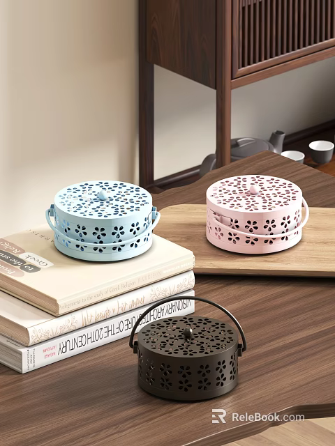 Warm Study Room Interior With Stacked Books And Colorful Perforated Pattern Containers 3d model 