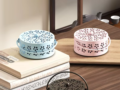 Warm Study Room Interior With Stacked Books And Colorful Perforated Pattern Containers 3d model