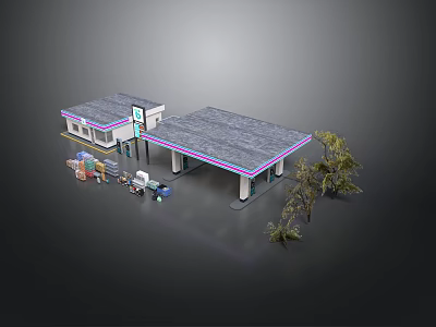 Gas Station Landscape with Gray Roof Building Fuel Pumps and Green Trees 3d model