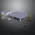 Gas Station Landscape with Gray Roof Building Fuel Pumps and Green Trees