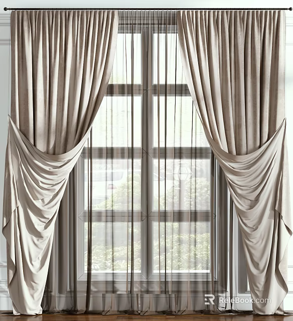 Beige Pleated Curtains With Luxurious Fabric And Light Sheer Voile For Modern Window Decor 3d model 