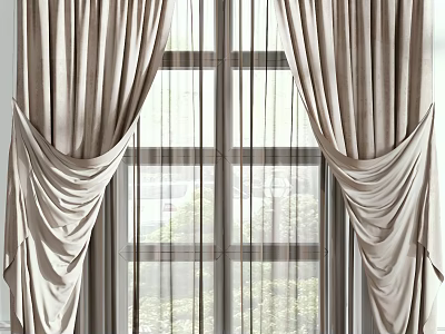 Beige Pleated Curtains With Luxurious Fabric And Light Sheer Voile For Modern Window Decor 3d model