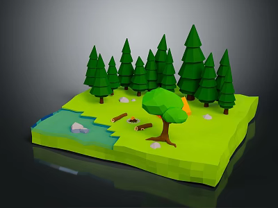 Cartoon Forest Scene With Green Pine Trees Orange Leaf Tree Small River Campfire And Stones 3d model