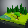 Cartoon Forest Scene With Green Pine Trees Orange Leaf Tree Small River Campfire And Stones