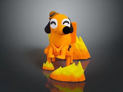 Cute Cartoon Dog Figure Sitting On Chair With Flame Decorations 3d model