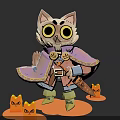 Game Movie Character Cartoon Cat With Big Eyes Purple Cape And Orange Small Companions