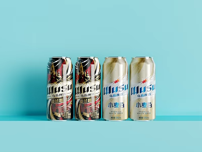 Xiaomuwu and Xiaomaiwang Beer Cans with Red Black and Golden Design on Blue Background 3d model