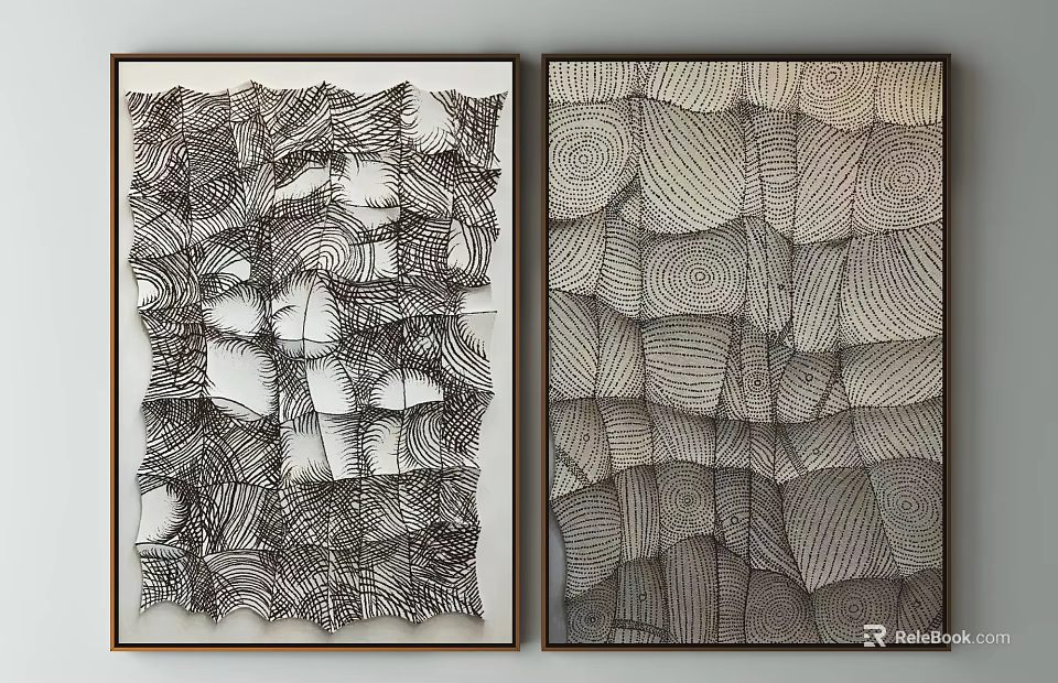 Two Abstract Wall Paintings With Black And White Textured Lines Hanging On Wall 3d model 