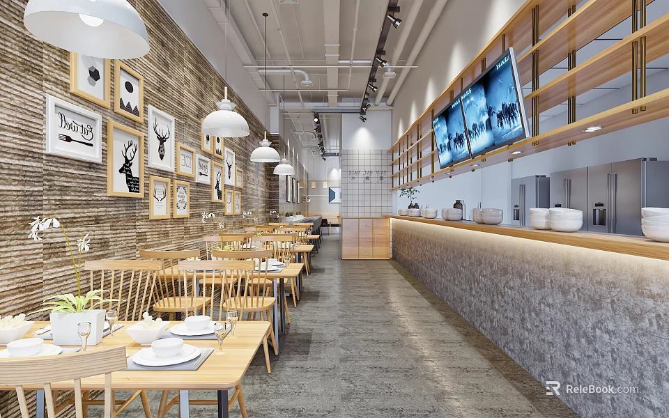 Modern Restaurant Interior With Wooden Tables Chairs Brick Walls Pendant Lights And TV Screens 3d model 