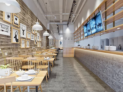 Modern Restaurant Interior With Wooden Tables Chairs Brick Walls Pendant Lights And TV Screens 3d model