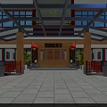 Traditional Chinese Ancient Architecture Courtyard Entrance With Wooden Door Red Lanterns And Stone Pavement