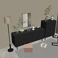 Modern Gray Dresser with Drawers and Decorative Plants Near Floor Lamp and Wall Art