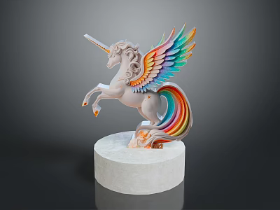 Flying Creature Unicorn With Rainbow Wings Standing On White Marble Base 3d model