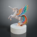 Flying Creature Unicorn With Rainbow Wings Standing On White Marble Base