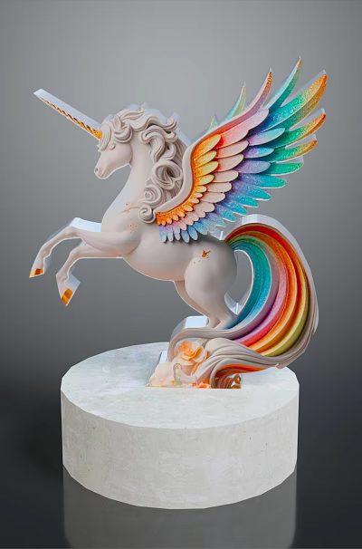 Flying Creature Unicorn With Rainbow Wings Standing On White Marble Base 3d model Flying Creature Unicorn With Rainbow Wings Standing On White Marble Base 3d model