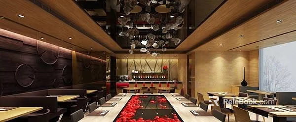 Elegant Restaurant Interior With Wooden Ceiling Decorative Water Feature Red Petals Chandeliers And Dining Tables 3d model 