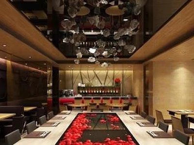 Elegant Restaurant Interior With Wooden Ceiling Decorative Water Feature Red Petals Chandeliers And Dining Tables 3d model
