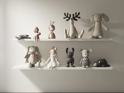 Cute Stuffed Plush Dolls Arranged On White Shelves With Various Animal And Human Designs 3d model