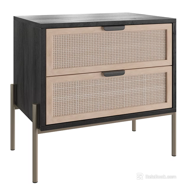 Modern Bedside Table With Two Rattan Panel Drawers And Metal Legs 3d model