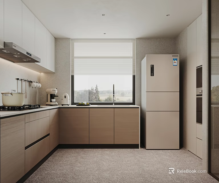 Modern Kitchen Interior With Light Wood Cabinets Refrigerator And Window View 3d model