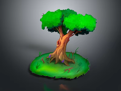Cartoon Style Tree With Green Canopy Brown Hollow Trunk Surrounded By Grass And Purple Flowers 3d model