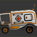 Futuristic Sci Fi Vehicle With Orange Gray Accents Top Antennas Round Windows And Unique Wheels