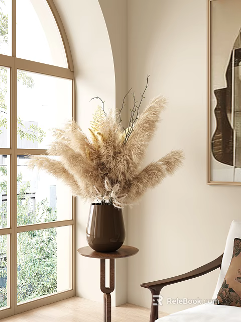 Dark Brown Vase with Beige Pampas Grass in Window Side Interior Decor 3d model 