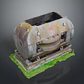 Rusted Metal Tank Model With Green Base And Cylindrical Industrial Design Features