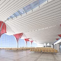Modern Railway Station Exterior With Red And White Wavy Roof And Plaza Steps