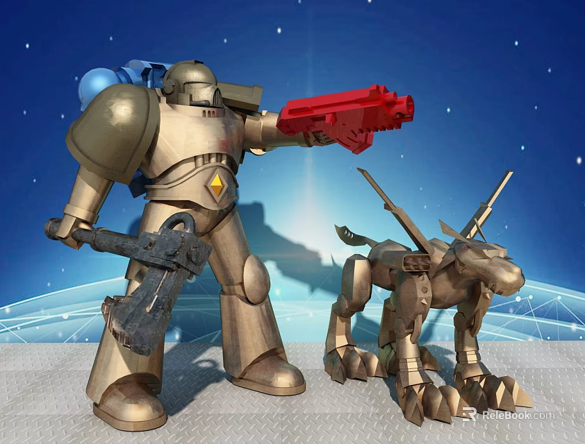 Golden Mech Action Figure And Mechanical Dog Toy With Red Weapon Against Blue Starry Background 3d model 
