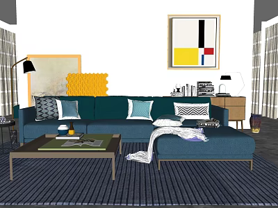 Modern Green Sofa and Coffee Table Set with Accent Pillows Floor Lamp and Abstract Art 3d model