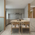 Modern Minimalist Restaurant Interior With Wooden Long Table White Decor And Green Plant