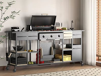Gray Kitchen Cart With Kitchenware Including Grill Coffee Maker Utensils Bowls Plants And Window 3d model