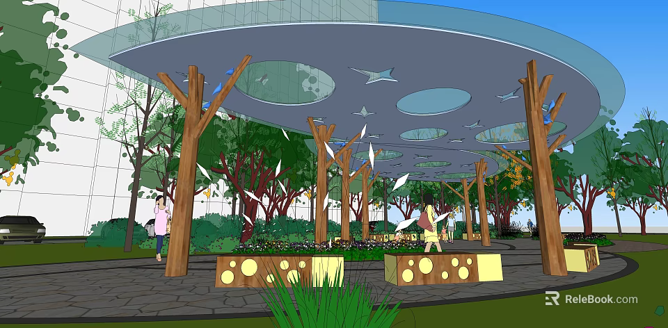 Scenic Outdoor Recreational Space With Dome Structure Trees Flying Birds Pedestrians And Decorative Benches 3d model 
