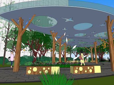 Scenic Outdoor Recreational Space With Dome Structure Trees Flying Birds Pedestrians And Decorative Benches 3d model