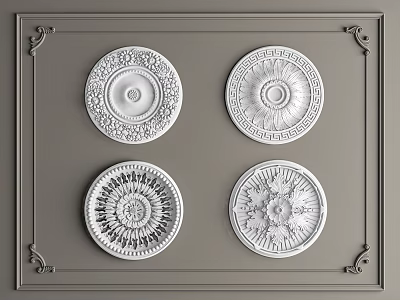 Four Ornate Ceiling Medallions with Intricate Designs on Gray Background 3d model