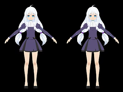 Anime Game Movie Character with Long White Hair Blue Eyes Purple Dress Twin Ponytails 3d model