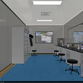 Modern Laboratory Interior With Blue Flooring White Cabinets Lab Benches And Fume Hood