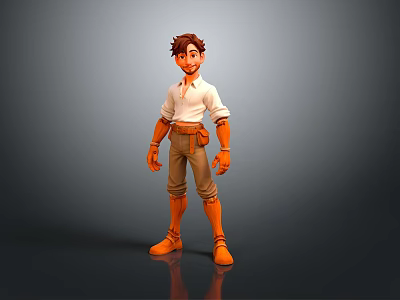 3D Male Character Design With Brown Hair White Shirt Brown Pants And Orange Boots 3d model