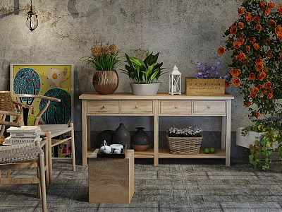 Natural Woven Leisure Chair With Green Plants Wooden Table And Decorative Elements 3d model