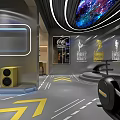 Modern Fitness Gym Interior With Workout Equipment Yellow Arrow Markings And Wall Art