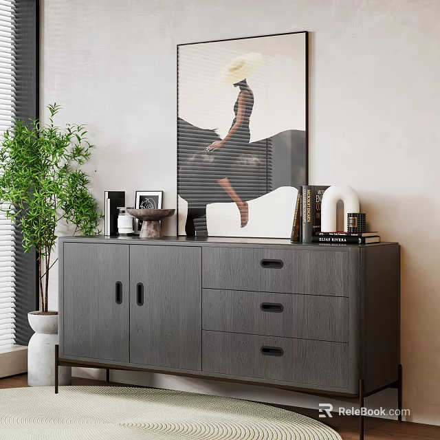 Modern Gray Entryway Side Cabinet With Drawers Doors Green Plant And Decorative Items 3d model 