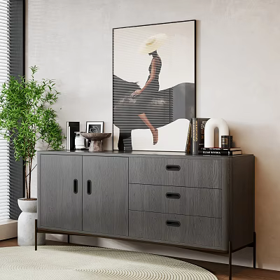 Modern Gray Entryway Side Cabinet With Drawers Doors Green Plant And Decorative Items 3d model