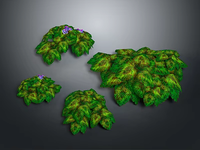 Natural Green Bush Clusters With Lush Foliage And Purple Flowers 3d model