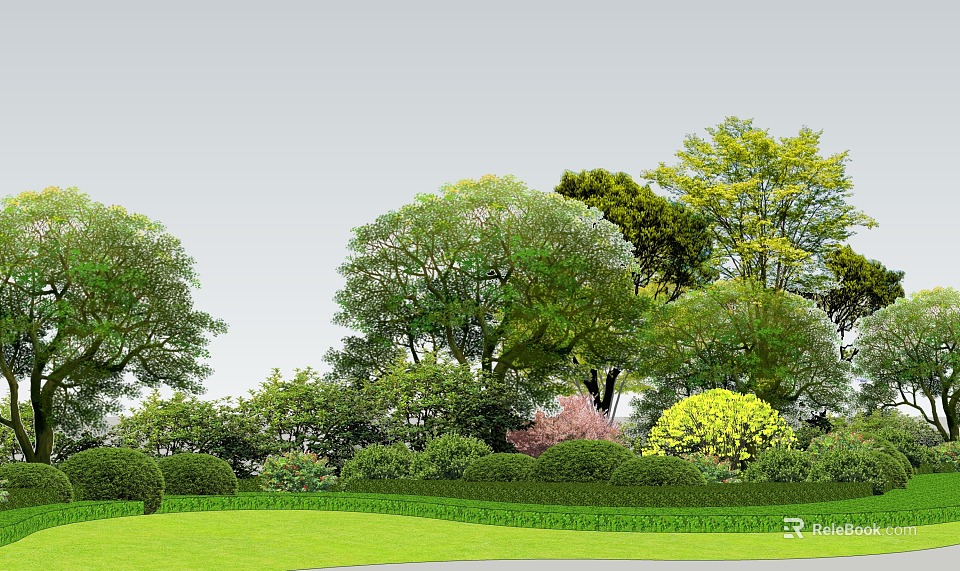 Various Species of Arbor Trees in Lush Green Lawn With Trimmed Shrubs and Foliage 3d model 
