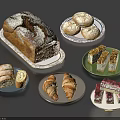 Assorted Fresh Bread Loaves Rolls Croissants Slices And Cakes On Plates
