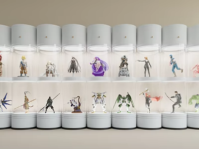 Neatly Arranged Transparent Display Jars With White Bases And Lids Holding Figure Sculptures 3d model